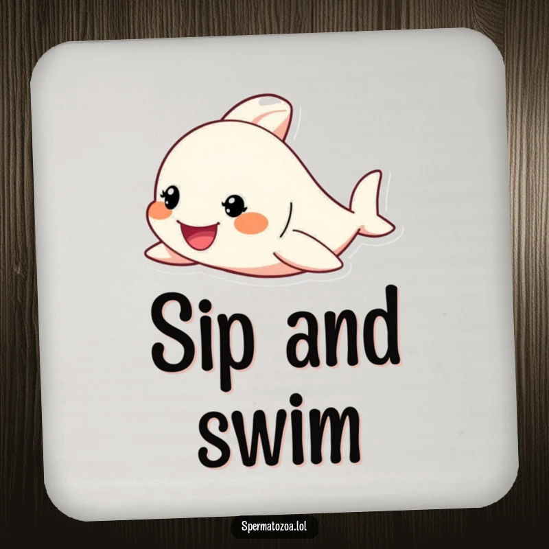 Funny Drink Coaster with a tiny character enthusiastically swimming with a determined grin, perfect for humorous surface protection.