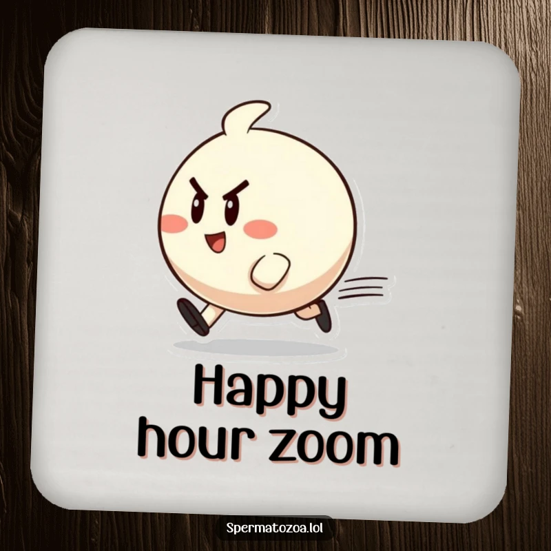 Funny zippy character coaster with a small, round character zipping past, protecting surfaces with energetic humor.