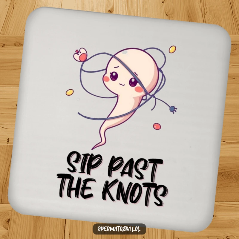 Funny sperm character coaster, comically tangled in a microscopic strand, protects surfaces.