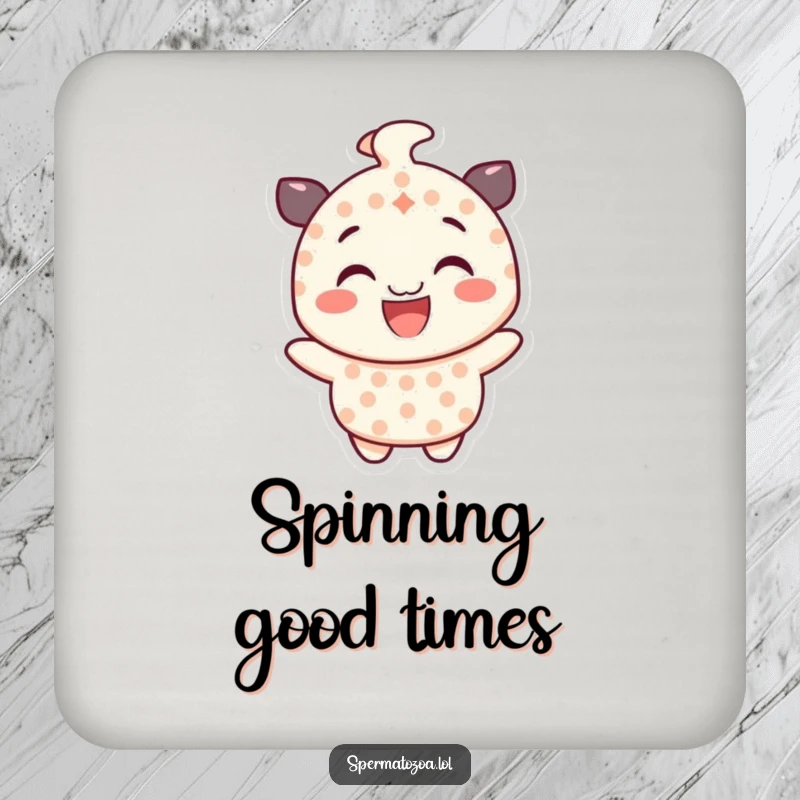 Funny dotted character coaster, smiling and spinning gleefully, protecting surfaces with energetic humor.
