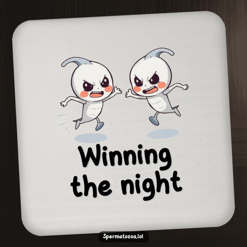 Funny Sperm Race Coasters: Determined tiny sperm characters racing, providing humorous and practical funny gift protection.