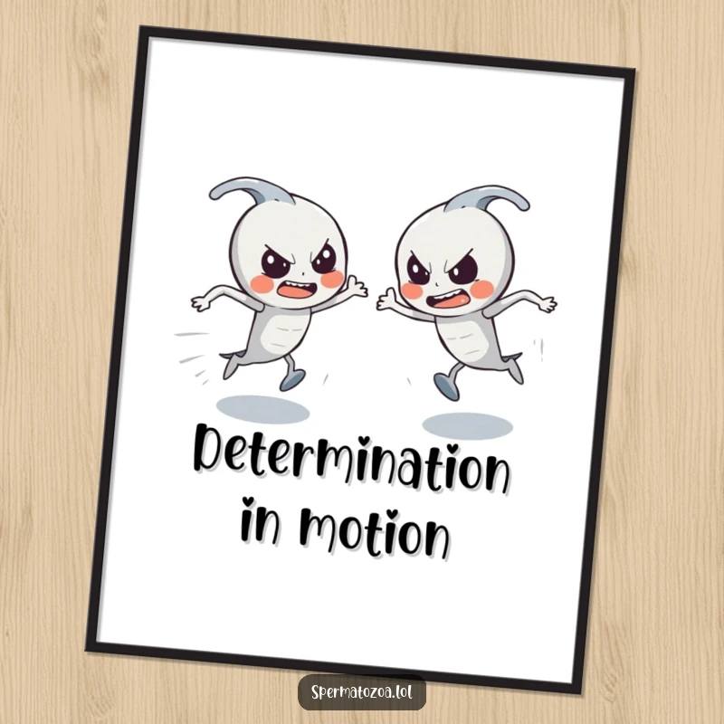 Funny Sperm Race Poster: Tiny sperm characters depicted in a highly determined and comical race for humorous wall decor.