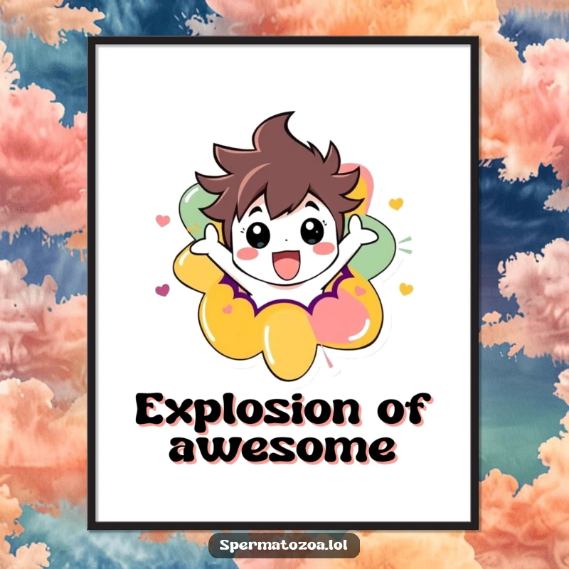 Funny poster showing a character ecstatically bursting out of a swirling, abstract shape, bringing vibrant energy and humor to decor.