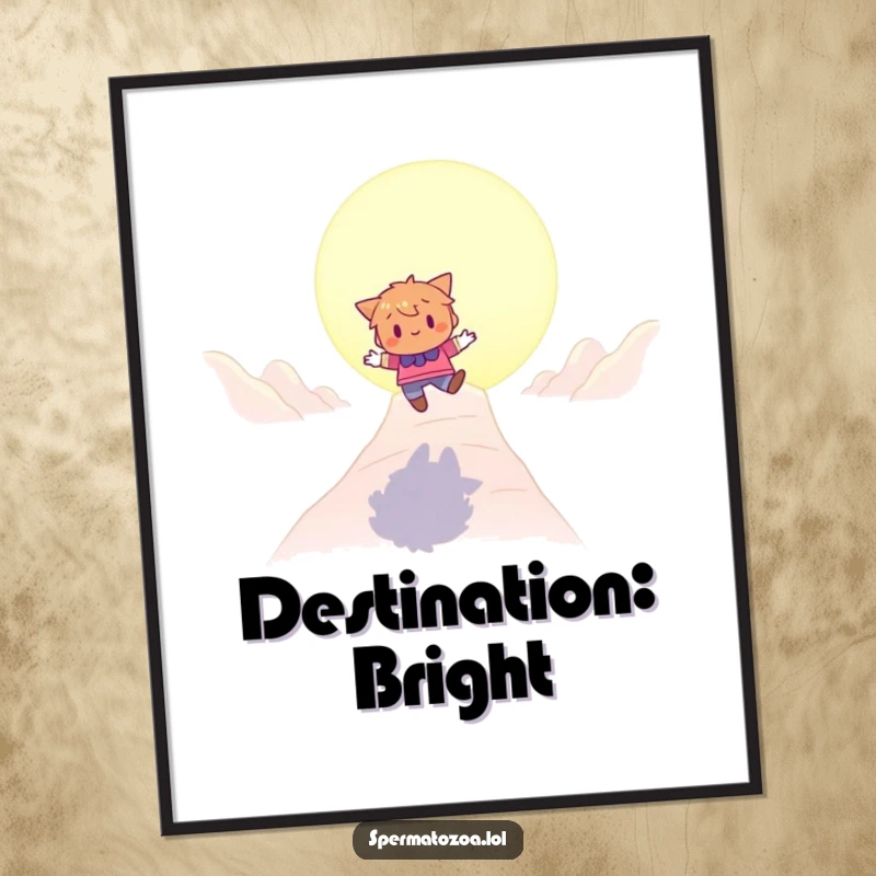 Funny bouncing character poster of a character playfully bouncing towards a glowing destination, adding inspirational art.
