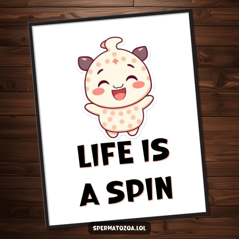 Funny dotted character poster, smiling widely and spinning with glee, adding dynamic humor to any wall.