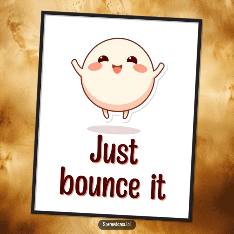 Funny round character poster, stubby limbs bouncing energetically, adding dynamic humor to any wall.