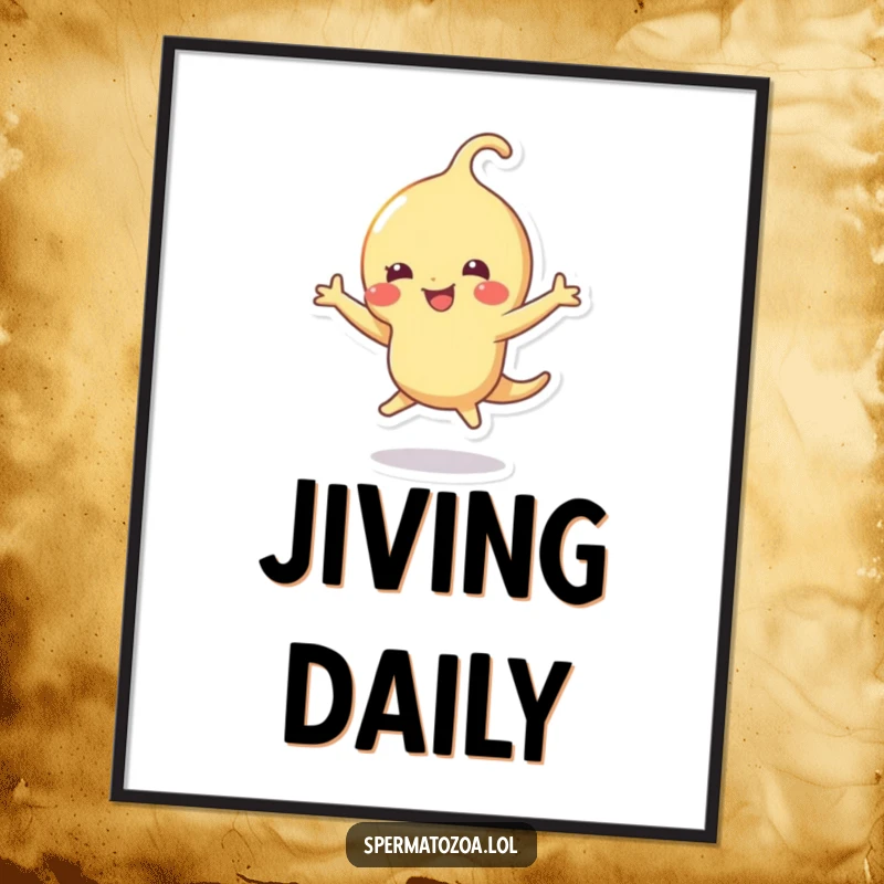 Funny sperm poster illustrating a sperm character performing a joyful, energetic dance, full of life and humor.