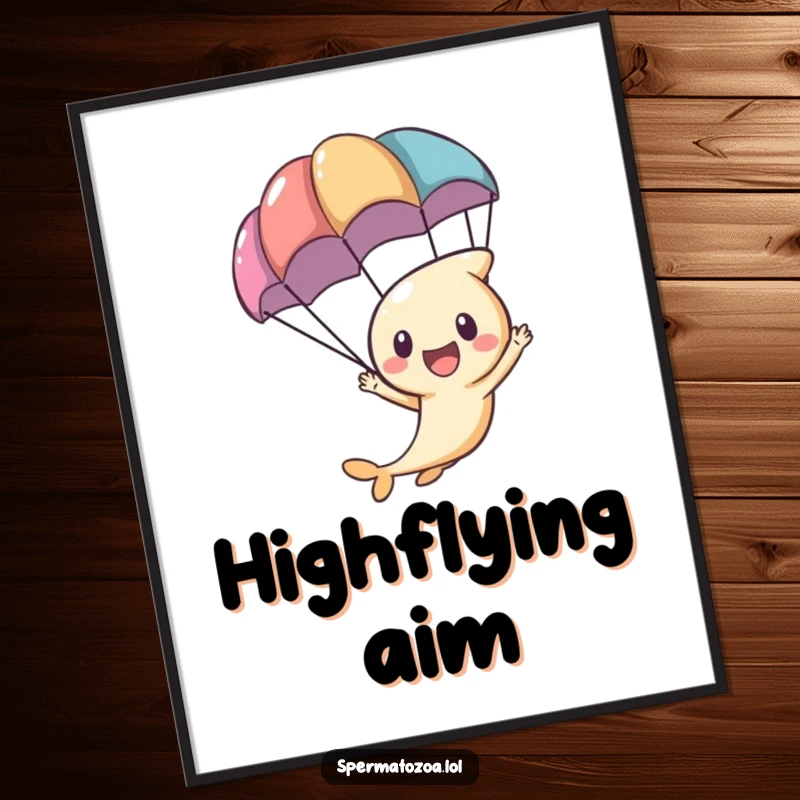 Funny tiny sperm character excitedly zooming with a parachute, displayed as fun wall art.