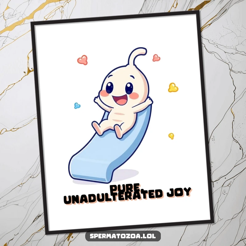 Funny Sperm Slide Poster: Tiny sperm character caught mid-slide with immense glee, perfect humorous wall art funny gift.