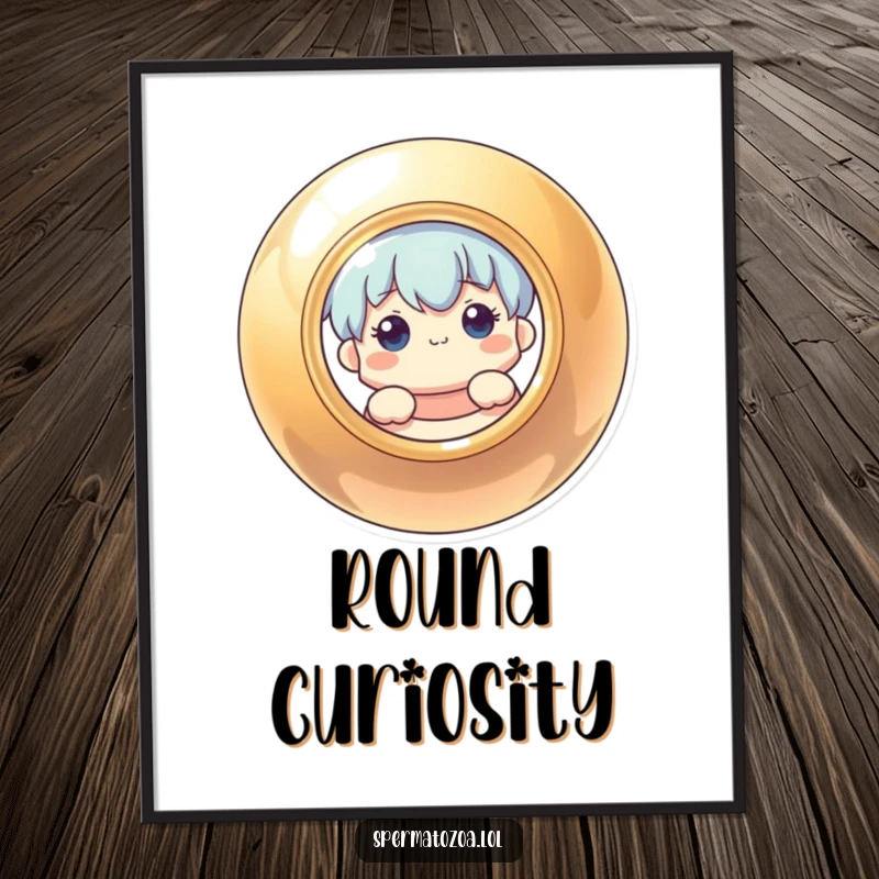 Funny poster art depicting a curious character peeking from behind a reflective, circular form, adding a touch of whimsy.
