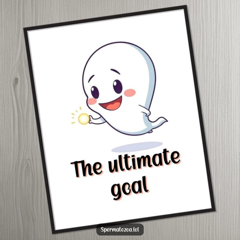 Funny poster displaying a sperm character with a wide, goofy grin, enthusiastically chasing a bright luminous dot, capturing a moment of pure silliness.