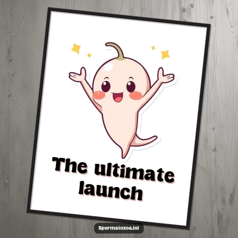 Funny Poster: A tiny sperm character performs an exuberant celebratory flip, symbolizing vitality and new life in a humorous art piece.