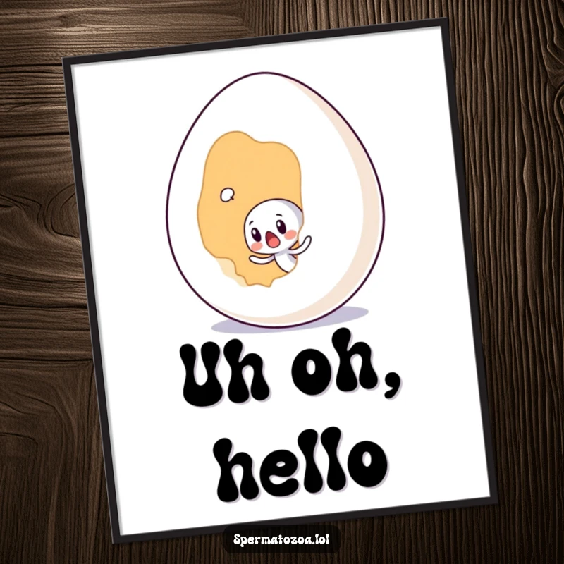 Funny tiny sperm character looking shocked upon encountering a giant egg, displayed as fun wall art.