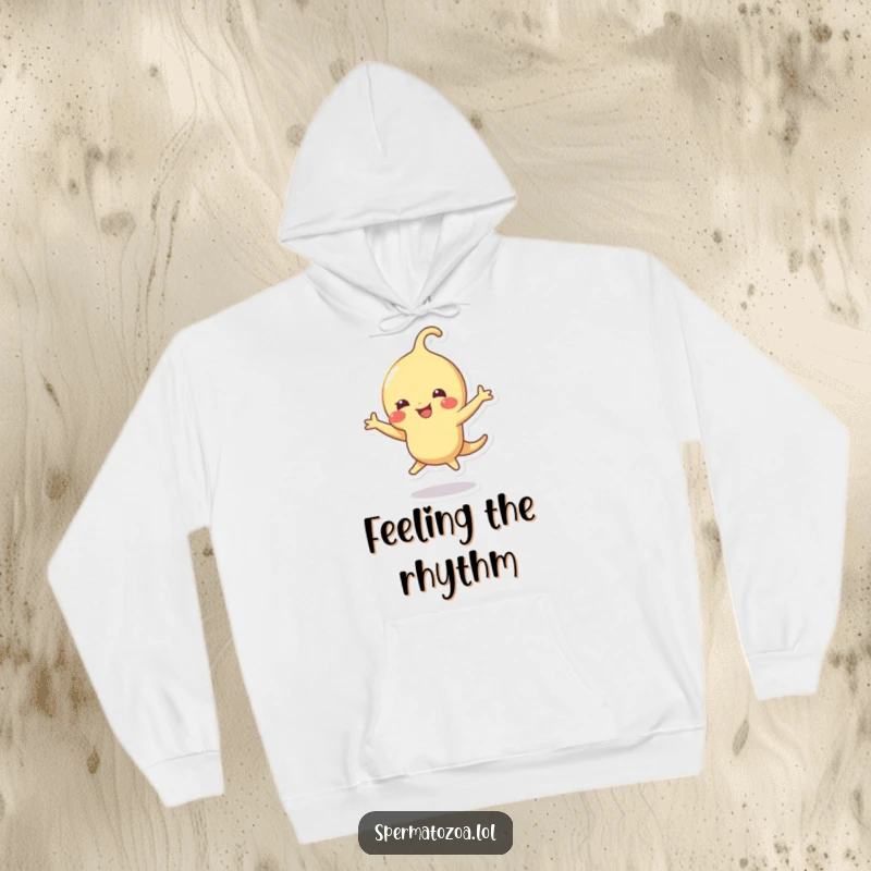 Funny sperm hoodie with a sperm character joyfully dancing, radiating happiness and a humorous, carefree spirit.