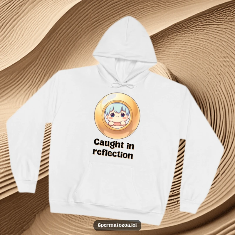 Funny hoodie showing a curious character peeking from behind a lustrous, circular object, perfect for casual, humorous wear.