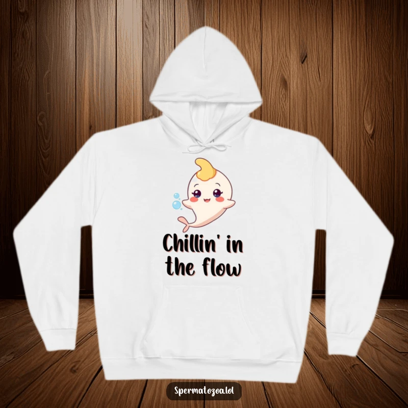 Funny sperm character hoodie design, happily floating with a bubble, comfortable and conversation-starting.