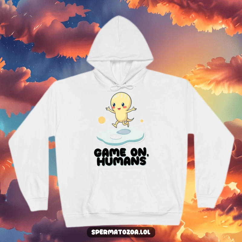 Funny Hoodie: A tiny sperm character plays hopscotch among abstract shapes, offering comfort and a humorous take on life's playful journey.