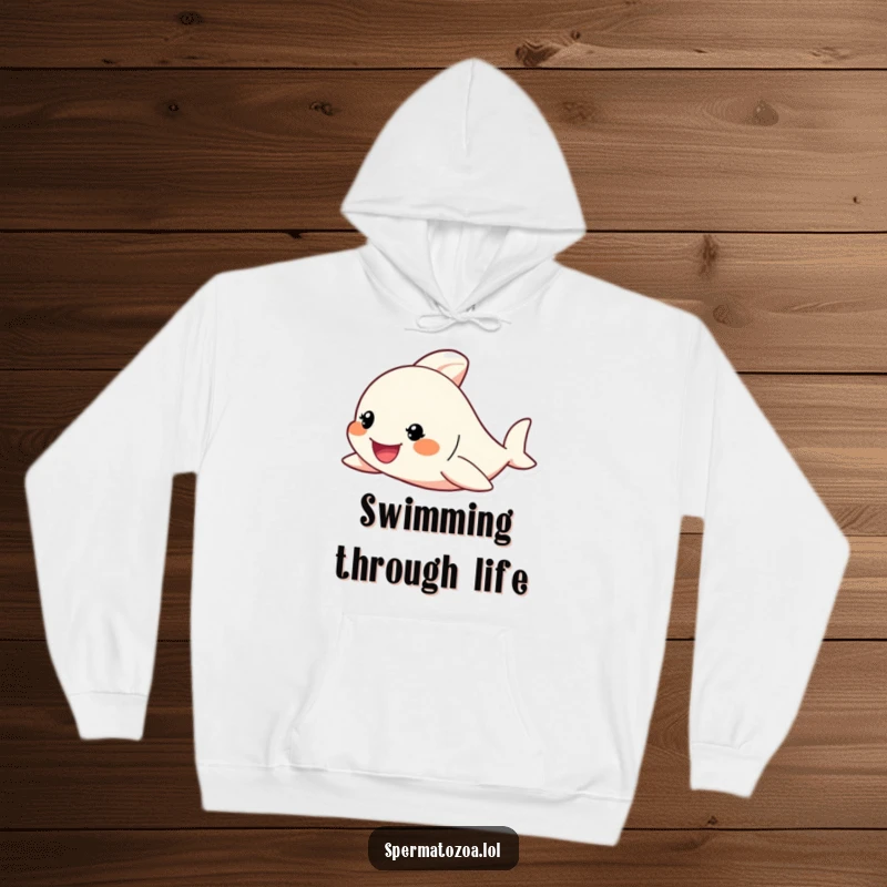 Funny Hoodie featuring a tiny character enthusiastically swimming with a determined grin, perfect for cozy, motivational moments.