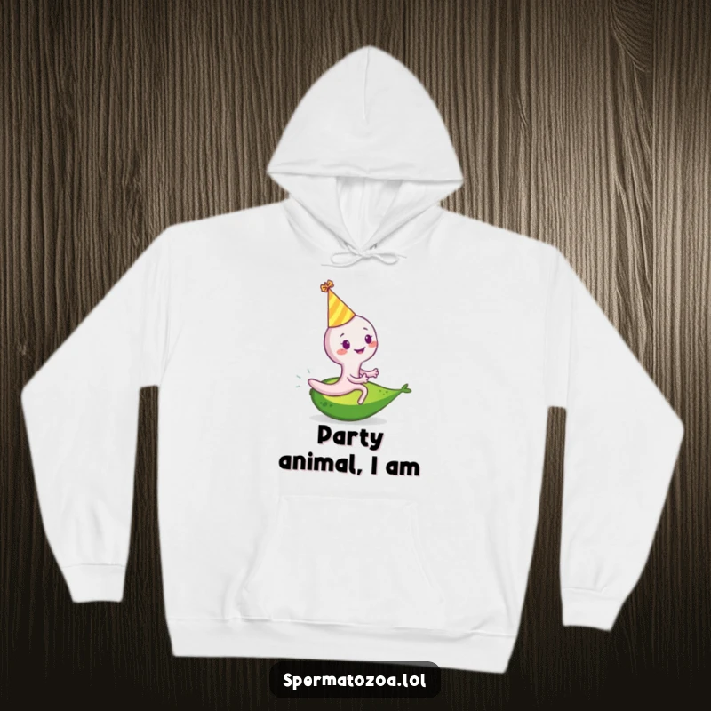 Funny sperm cell hoodie with a smiling sperm wearing a party hat riding a rolling avocado, offering cozy, festive humor.