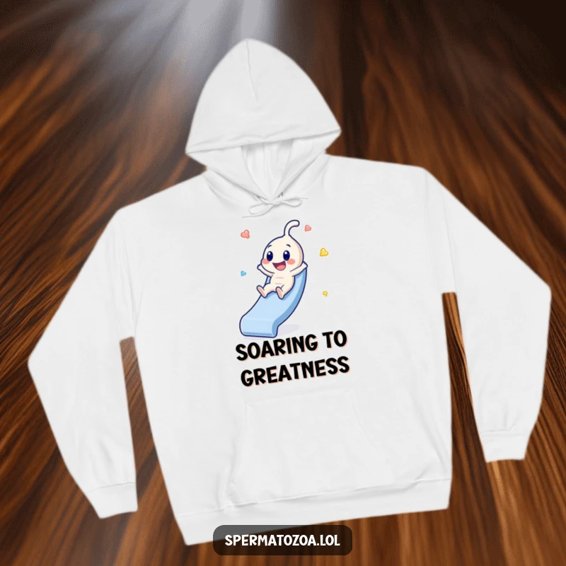 Funny Sperm Slide Hoodie: A tiny sperm character sliding with glee, offering cozy comfort and hilarious humor as a funny gift.
