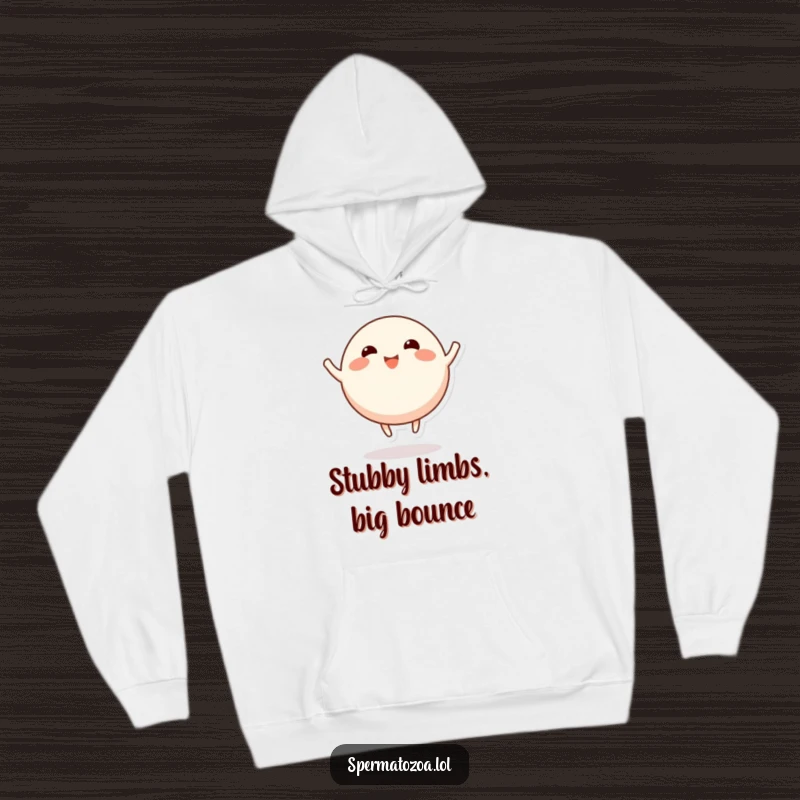 Funny round character hoodie, stubby limbs bouncing with joy, cozy apparel radiating playful energy.