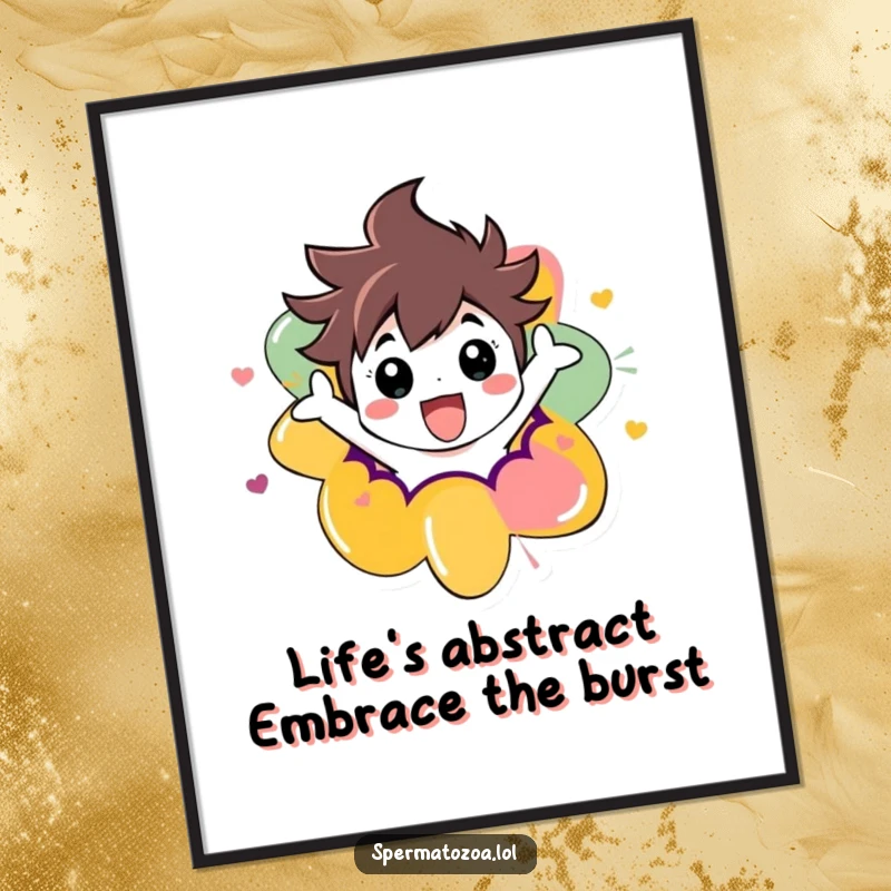 Funny Free Printable Wall Art: A character explosively emerging from a colorful abstract shape, exuding pure joy and playful energy, quirky decor.