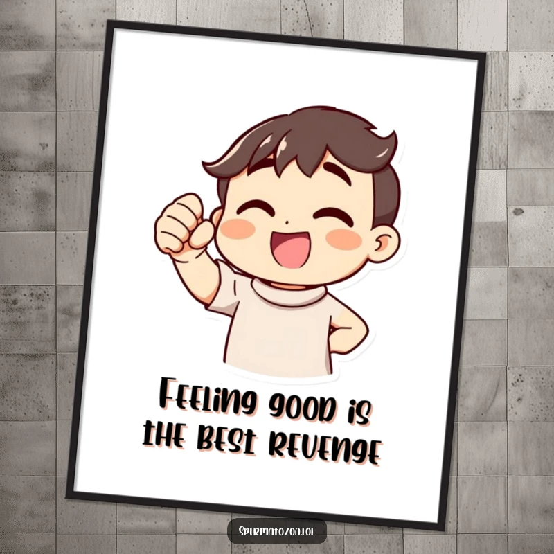 Funny Free Printable Wall Art: A cheerful character blushing and pumping a fist, exuding pure, unadulterated celebratory energy.