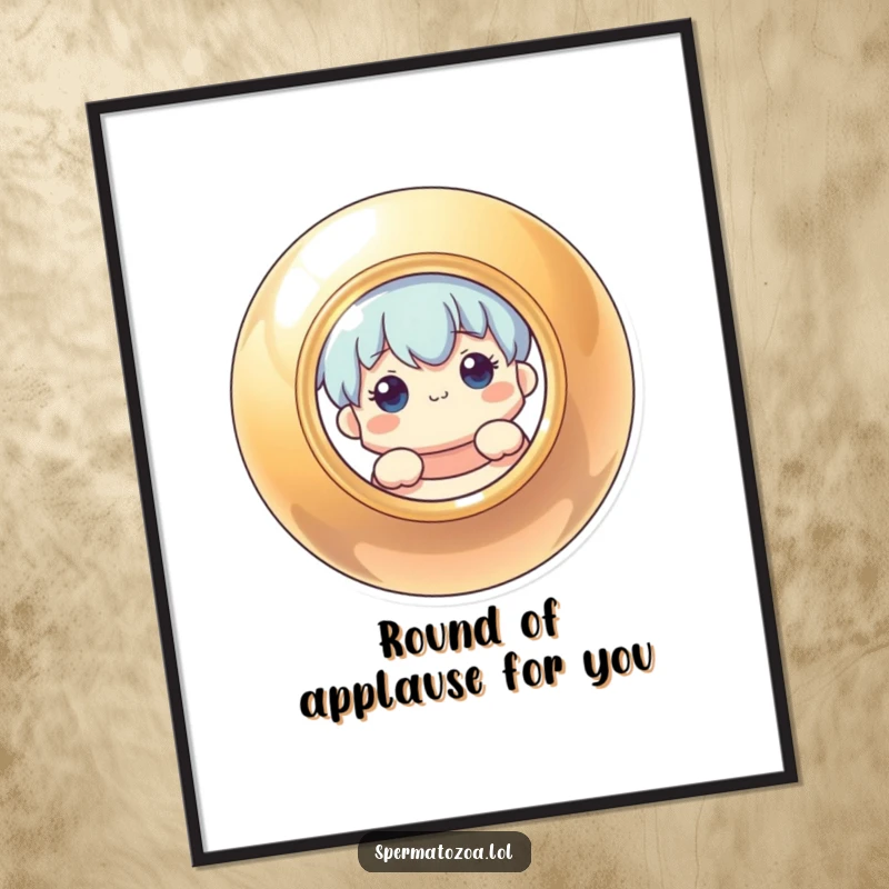 Funny free printable wall art featuring a curious character peeking from behind a gleaming, glossy circular object.