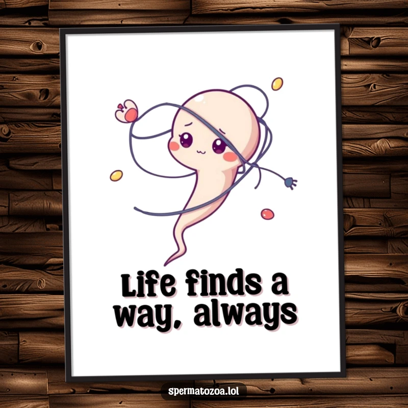 Funny Free Printable Wall Art: A sperm character is comically tangled in a microscopic strand, representing humorous struggles and life's detours.