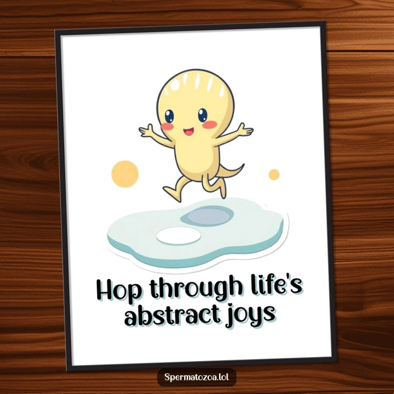 Funny Free Printable Wall Art of a tiny sperm character playing hopscotch across a series of colorful, abstract shapes.