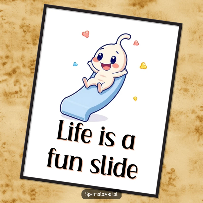 Funny Free Printable Wall Art: A sperm character slides down a bright slide with pure joy and glee.