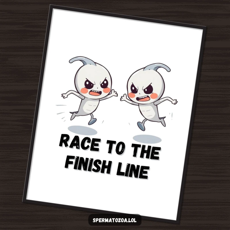 Funny Free Printable Wall Art: Action-packed sperm characters racing with intense focus, a humorous piece.