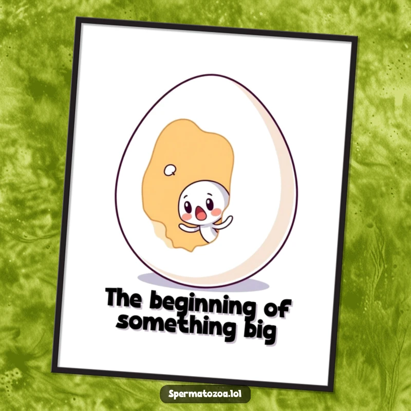 Funny Free Printable Sperm Wall Art depicting a tiny sperm character looking surprised by a giant egg, perfect for humorous and bold decor.