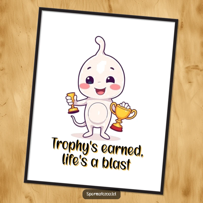 Funny Free Printable Sperm Trophy Wall Art: A sperm character victoriously holds a tiny trophy, exuding pride and accomplishment.