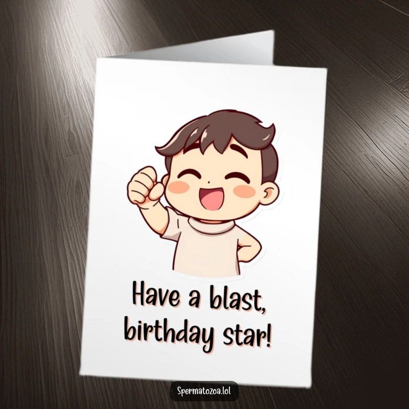 Funny Free Printable Birthday Card: A cheerful character with a visible blush, enthusiastically pumping a fist in celebration.