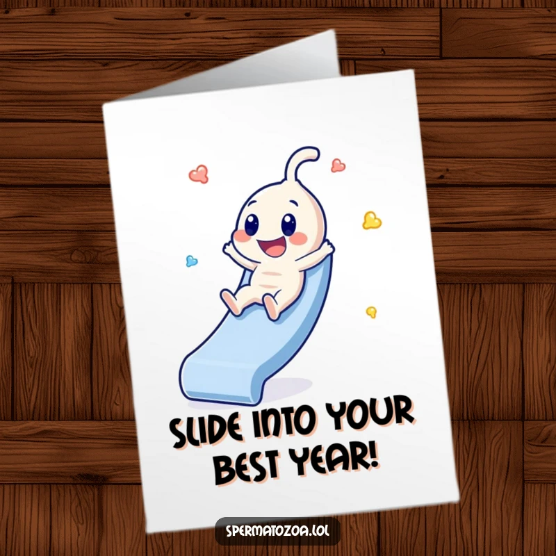 Funny Free Printable Birthday Card: Tiny sperm character joyfully sliding down a slide, pure happiness.