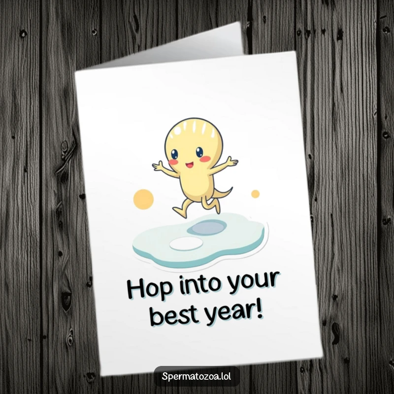 Funny Free Printable Birthday Card of a tiny sperm character energetically playing hopscotch on colorful abstract shapes.