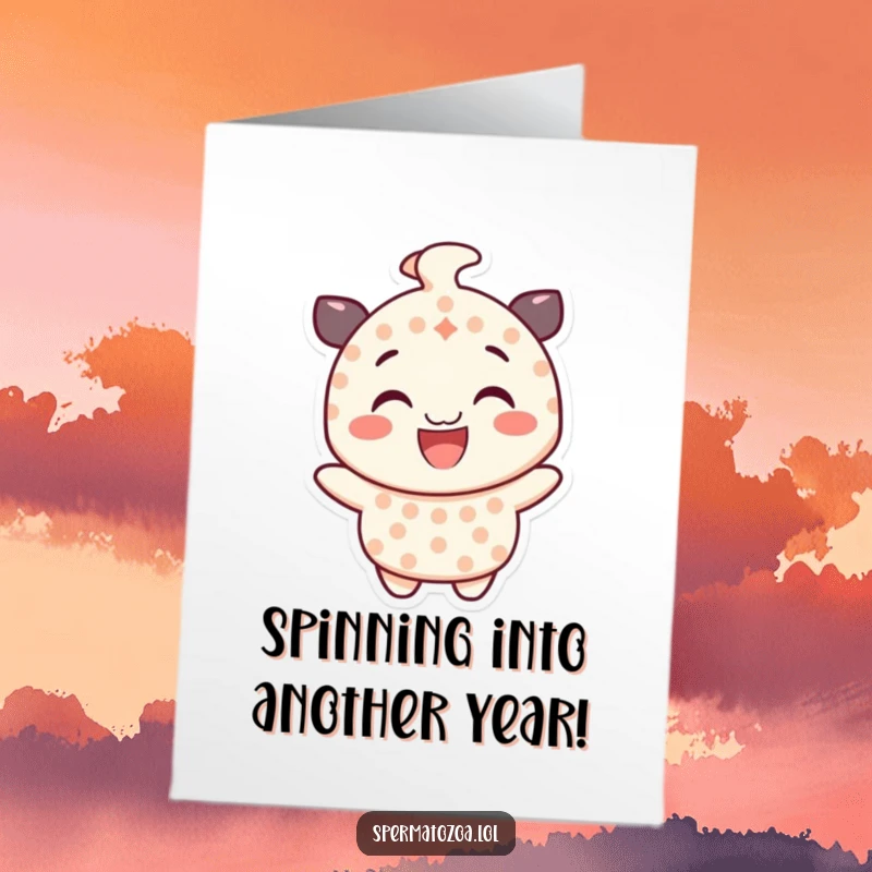 Funny Free Printable Birthday Card: A smiling character with a dotted pattern gleefully spins, celebrating a fun birthday.