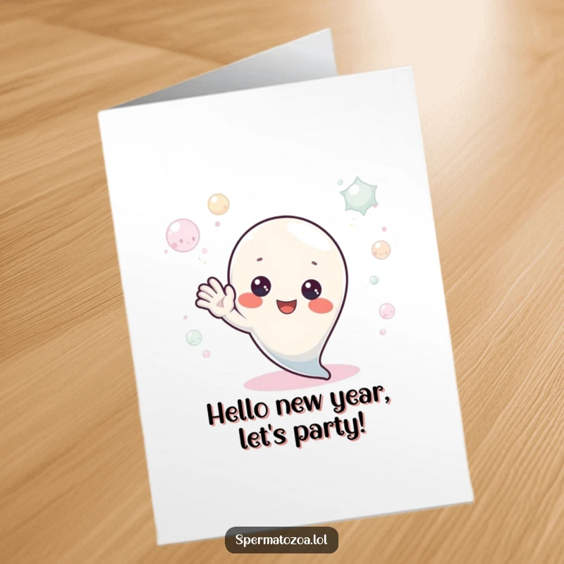 Funny Free Printable Birthday Card of a tiny sperm character cheerfully waving hello from within a bubbly, aquatic environment.