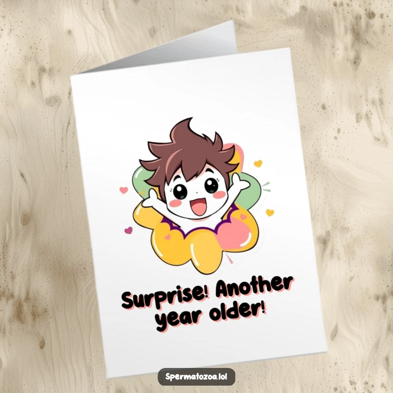 Funny Free Printable Birthday Card: Character joyfully erupting from a vibrant, abstract shape, showering confetti for a hilarious celebration.