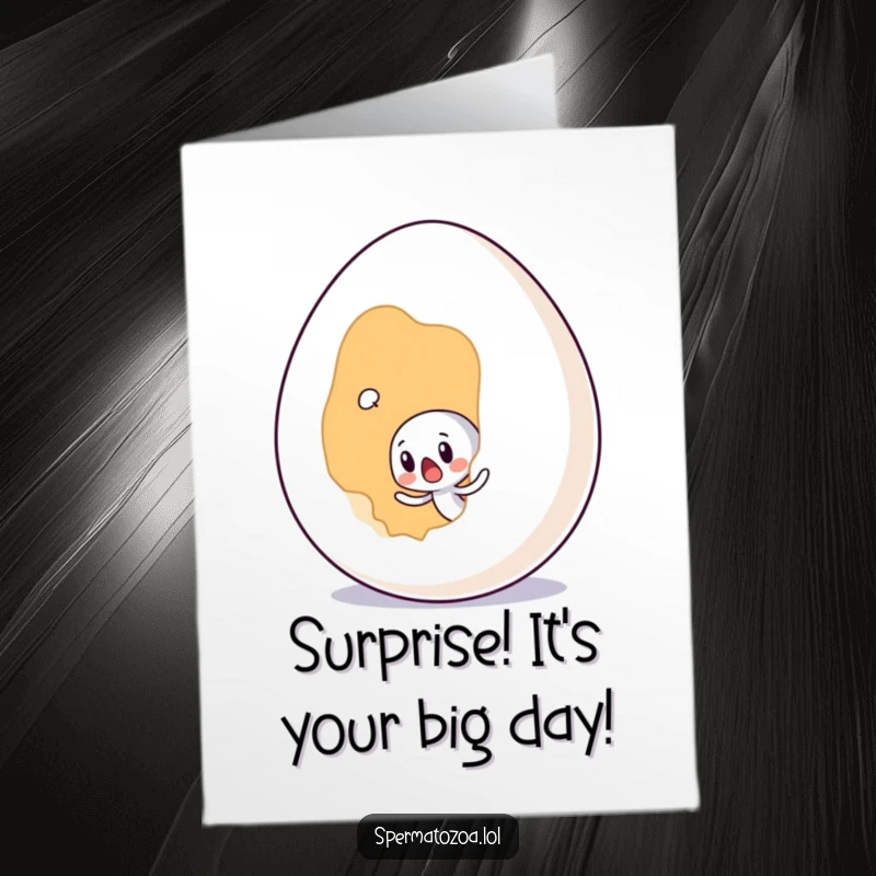 Funny Free Printable Sperm Birthday Card showing a tiny sperm character looking utterly surprised as it encounters a giant egg.