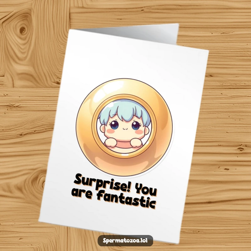Funny free printable birthday card: a curious character peeking from behind a shiny circle, adding mystery and fun.