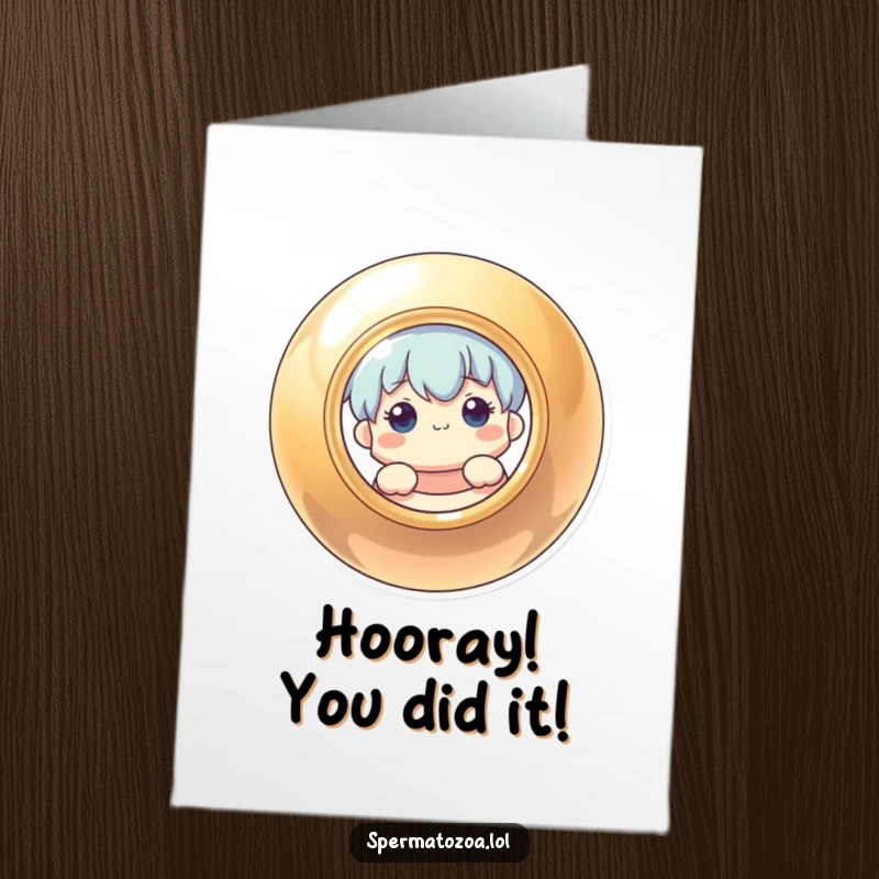 Funny free printable congratulations card with a curious character peeking from behind a shiny circular object, celebrating big.
