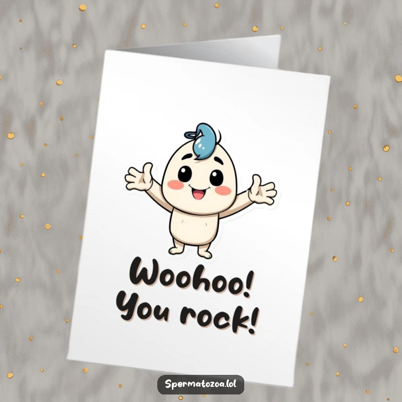 Funny Free Printable Congratulations Card showing a happy character in a bizarrely goofy pose, arms wide open in celebration.