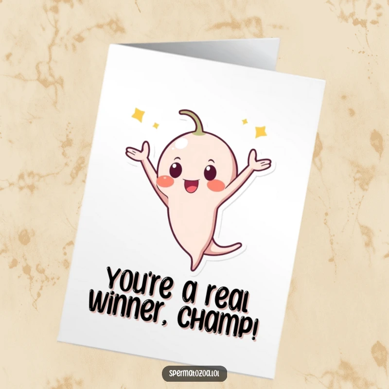 Funny Free Printable Congratulations Card showing a tiny sperm character doing a triumphant celebratory flip, signifying victory.