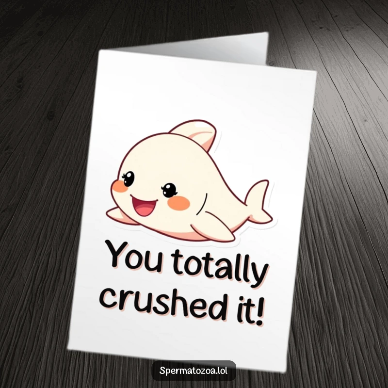 Funny Free Printable Congratulations Card showing a tiny character swimming energetically with a fierce, determined grin.