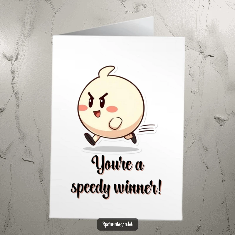 Funny Free Printable Speedy Congrats Card: A determined, cheerful character zips by, celebrating a speedy accomplishment.