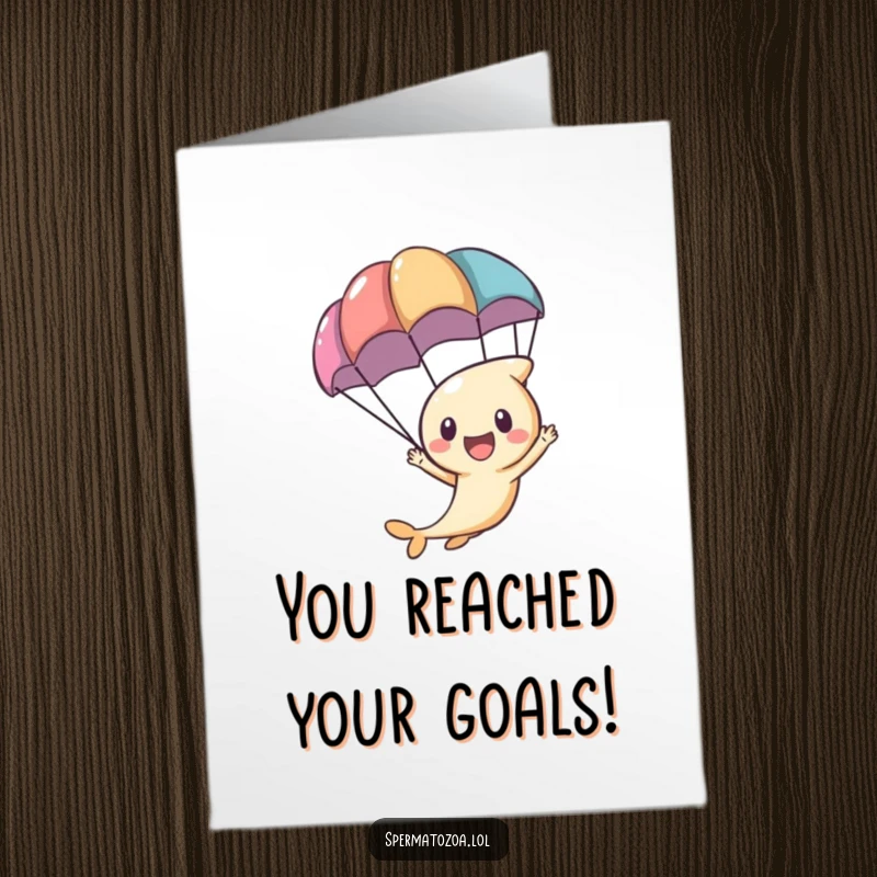 Funny Free Printable Sperm Congratulations Card showing a tiny sperm character zooming with a parachute, symbolizing a successful journey to congratulations.