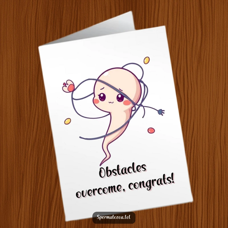 Free Printable Congratulations Card: A sperm character comically tangled in a microscopic strand, representing life's little (or big) challenges.