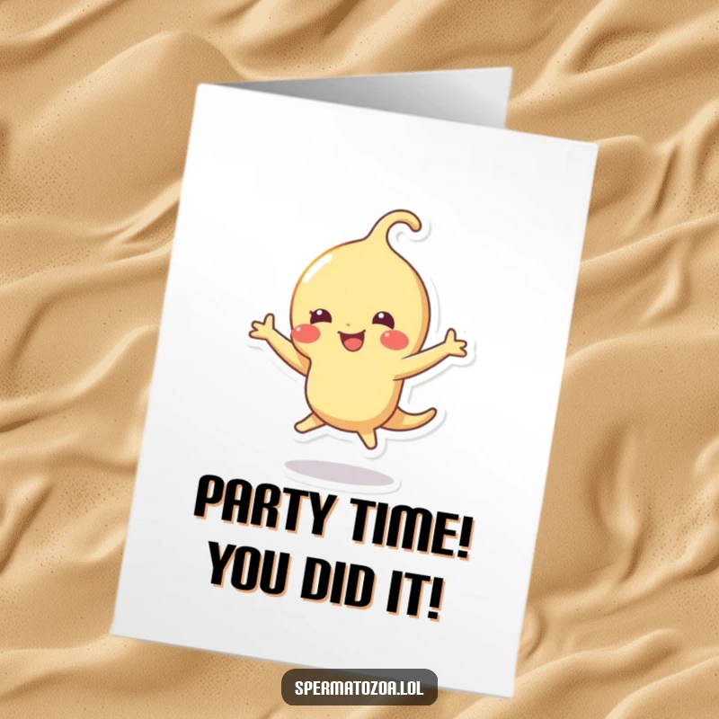Funny Free Printable Sperm Dance Congrats Card: A sperm character joyfully dances, celebrating a successful achievement with infectious enthusiasm.